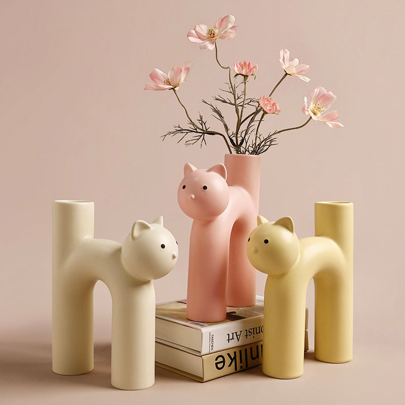 Cute Cat Tube Ceramic Vase