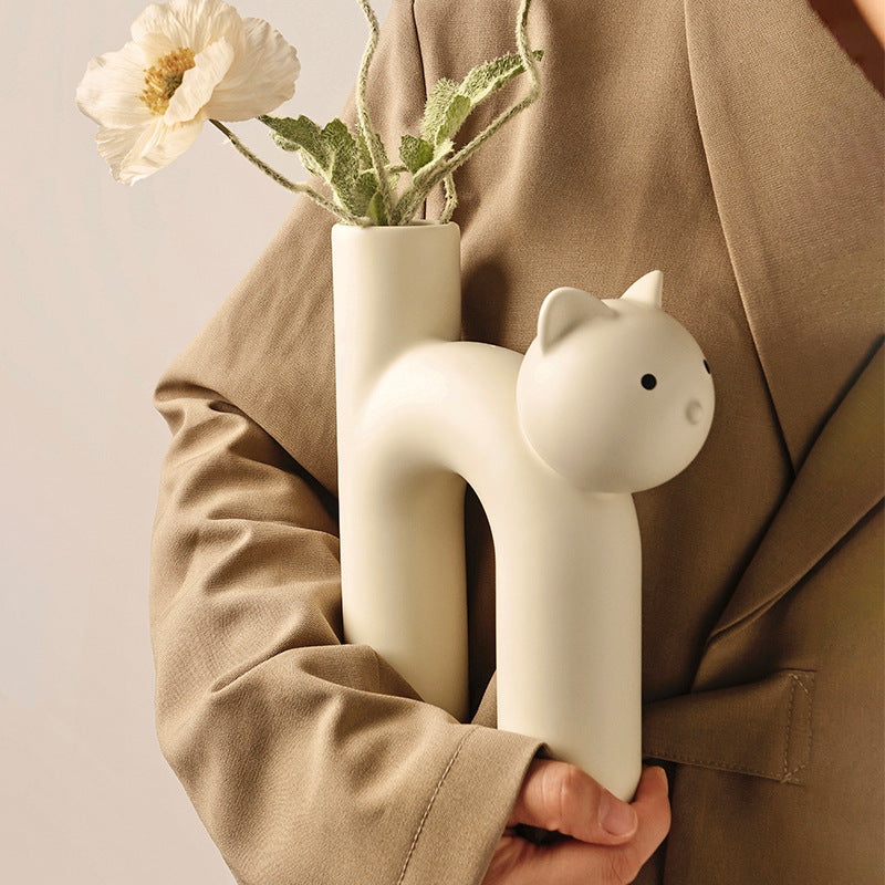Cute Cat Tube Ceramic Vase